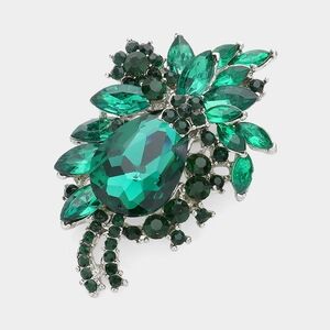 Emerald Flower Teardrop Crystal Brooch Pin Glass Statement Accessory Pendant